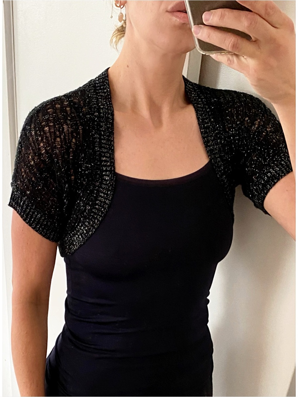 Vintage Y2K Charlotte Russe Black Metallic Open Knit Bolero Shrug Tag L Fits S